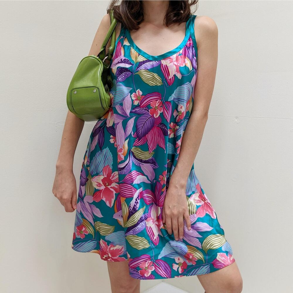 Vintage Katherine Bishop Pink Blue Tropical Floral Slip Dress L